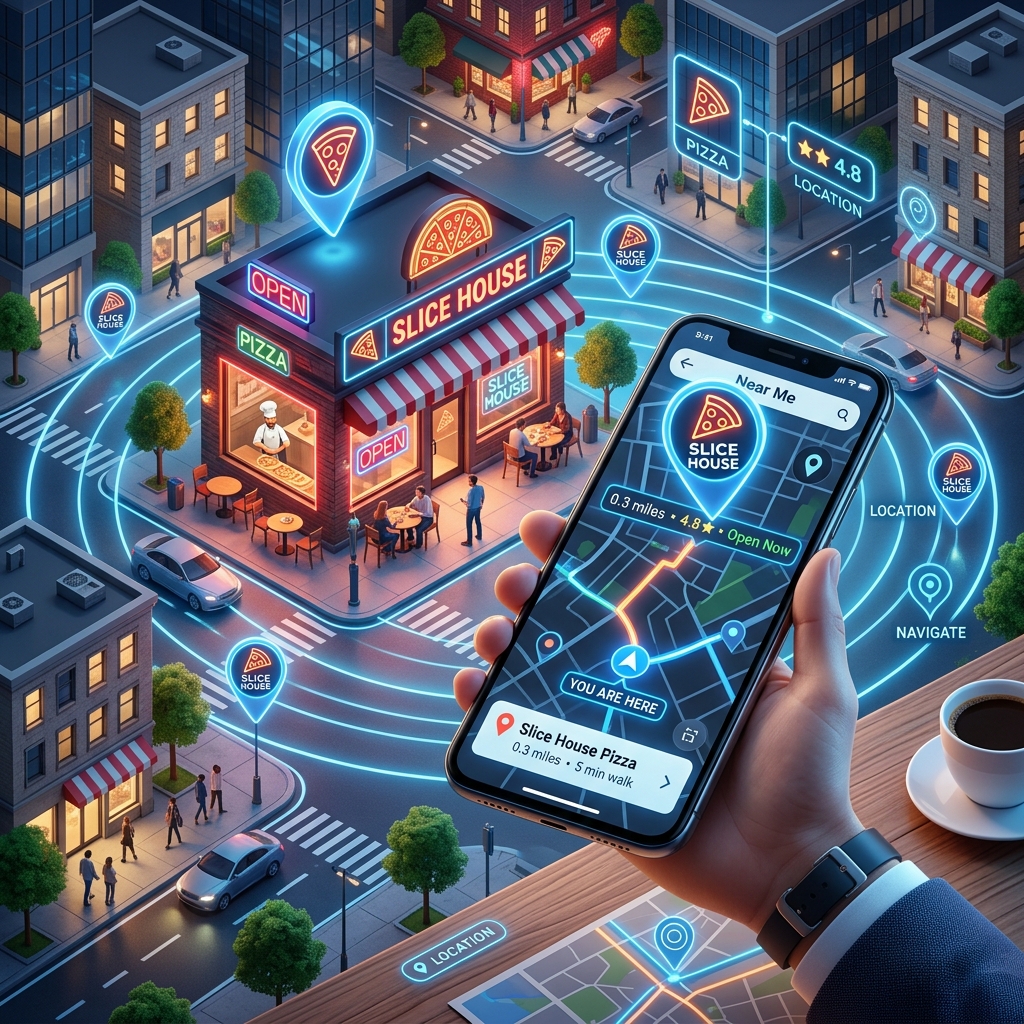 Isometric 3D concept map of Domino's Near Me locator highlighting nearby store pins and search radius