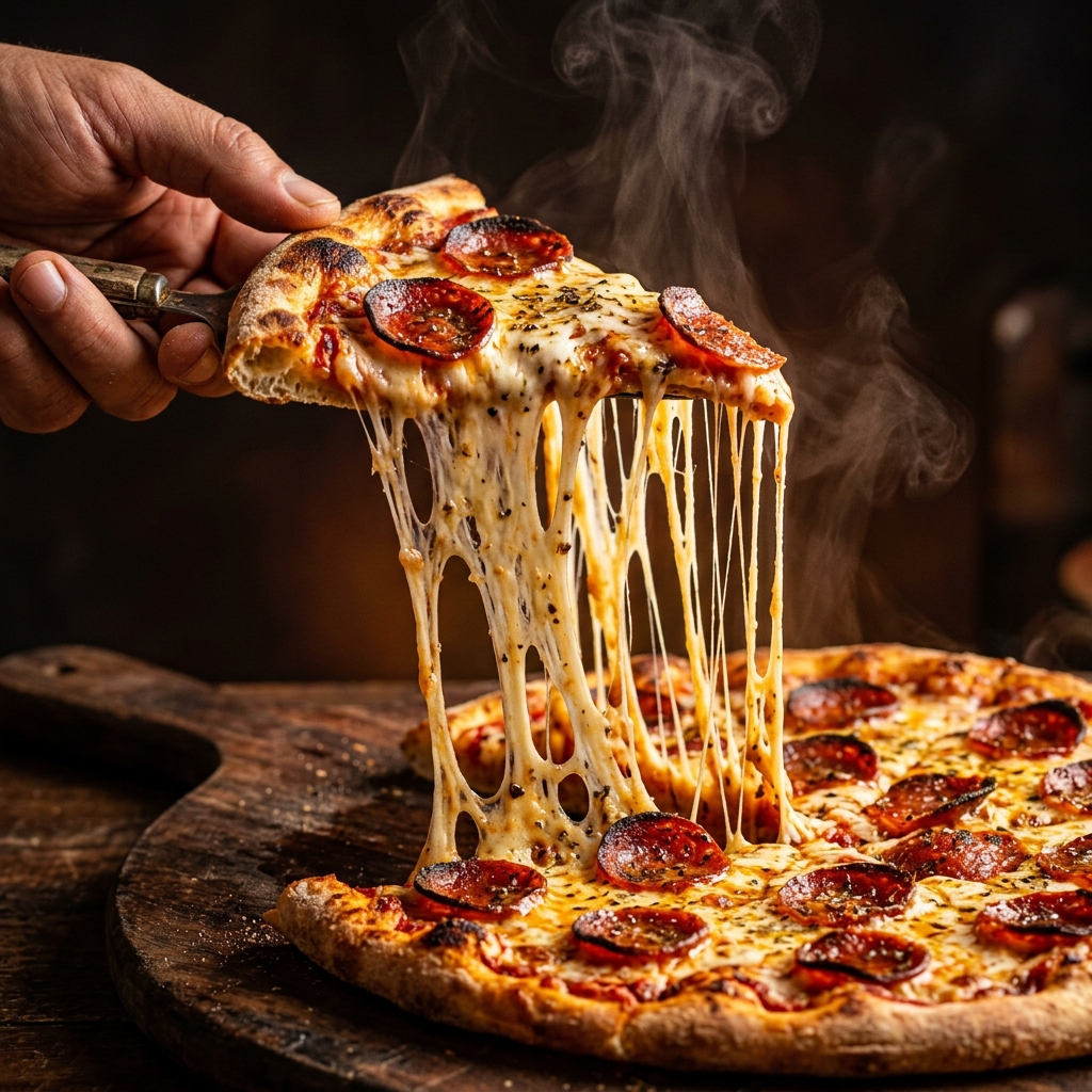Close-up of a fresh hot Domino's pizza slice with melted gooey mozzarella cheese pull